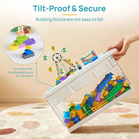24 Qt Plastic Storage Box With Building Baseplate Lid And Removable Tray All In One Craft Organizer shown tilted with blocks