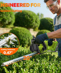 Man using Cordless 20 Inch Brushless Hedge Trimmer With 2x3.0Ah Battery, 21V Electric Bush And Shrub Trimmer on bushes.
