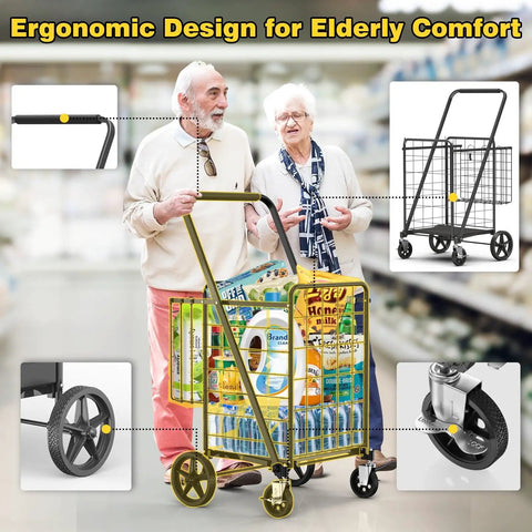 Elderly couple using Beast Mode Folding Shopping Cart With Four And A Half Cu Ft Capacity 420 Lb Hauling Power 360 Degree Braked Swivel Wheels