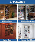 Image showing applications of hidden pivot door hinge for secret doors, including hidden door, hidden bookcase, swing door, and hidden shelf door.