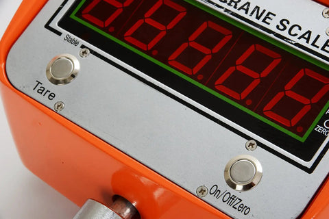 Close-up of Heavy Duty Digital Crane Scale With Bright LED Screen And Two Pound Increments Spanning Six Thousand Lbs Capacity buttons and display.