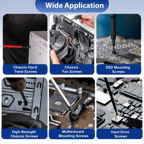 Mega 507 Piece All In One Pro Grade Computer Screw Kit for DIY PC Builds and Repairs showing various screw uses on PCs.