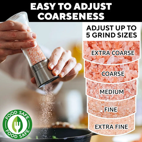 Demonstration of the Refillable Stainless Steel Salt And Pepper Grinder Set Of 2 With Adjustable Coarse Mills.