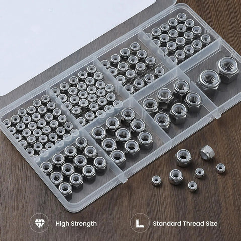 SAE Lock Nuts Assortment Kit 136-Piece Nylock Locknut Set in inch sizes from 6-32 to 1/2-13, 304 stainless steel with nylon insert close-up