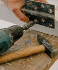 Person using drill on hinge with 20 Piece M6 Stainless Steel Hex Bolts And Nuts Kit With 16mm Thread Length Carriage Bolts And Flat Washers