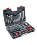 128 Piece 3/8 Inch Drive 12 Point Mechanics Tool Set With Quick-Release Ratchet, SAE And Metric Sockets in durable carry case