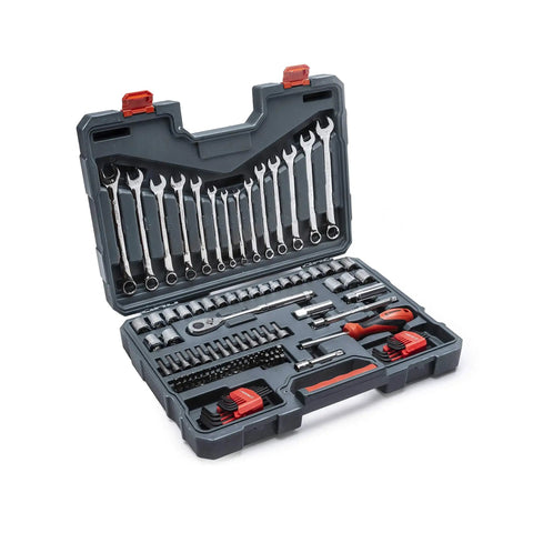 128 Piece 3/8 Inch Drive 12 Point Mechanics Tool Set With Quick-Release Ratchet, SAE And Metric Sockets in durable carry case