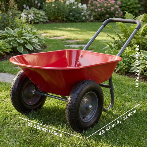 Heavy Duty Dual Wheel Wheelbarrow Garden Cart With Built In Stand For Yard And Garden, 4 Cu Ft Cargo Capacity, Red