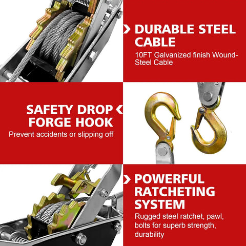 Close-up of Heavy Duty Come Along Winch 2 Ton with two gear ratchet cable, hooks, and galvanized steel cable details.