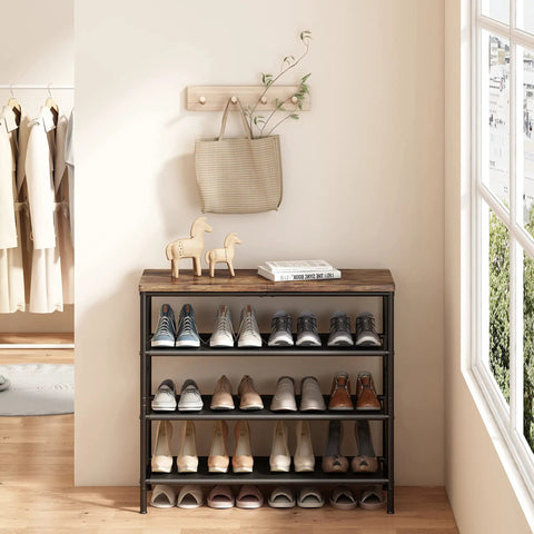 Four Tier Metal Shoe Rack Organizer With Industrial MDF Top Board And Layered Fabric Shelves For Entryway Closet Bedroom Living Room Or Garage Black And Rustic Brown