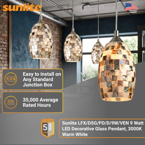 Venice 11 Inch LED Decorative Pendant Light Fixture With Iridescent Glass Shade 800 Lumens 9 Watts 60 Watt Equivalent