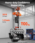 Electric Chain Hoist 1100 Lbs With 20 Ft Lift Height 120V 60Hz Single Phase lifting heavy equipment in a workshop setting.