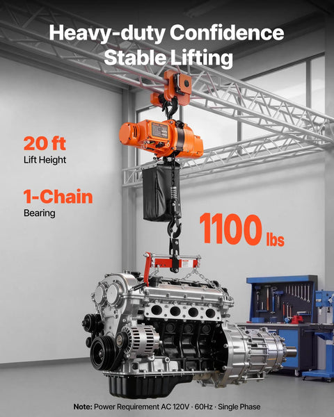 Electric Chain Hoist 1100 Lbs With 20 Ft Lift Height 120V 60Hz Single Phase lifting heavy equipment in a workshop setting.