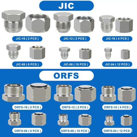 Hydraulic JIC 37 Degree And ORFS Flat Face Cap And Plug Kit For Hose And Tubing Includes 144 Piece Assortment With 72 Cap And Plug Sets And 72 O Ring Seals, showing JIC and ORFS fittings.