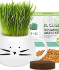 Organic Cat Grass Kit For Indoor Cats With Seed Mix Soil And White Planter Hairball Control And Digestion Support Easy Grow Kit For Cats Perfect Gift For Cat Lovers displayed with white cat-shaped planter