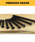Premium Heavy Duty Size 10-24 Black Button Head Hex Socket Cap Screws on wood surface, showing various lengths in 100 pack.
