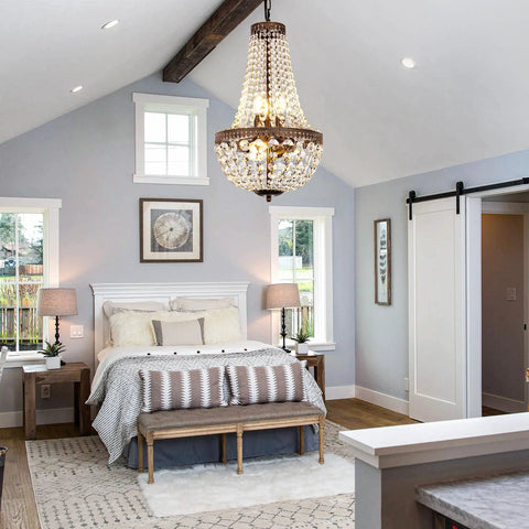 Six Light French Empire Crystal Chandelier With Antique Bronze Finish For Farmhouse Ceiling Pendant Lighting