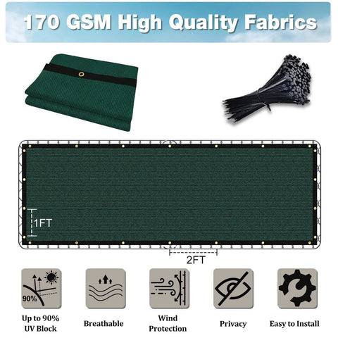 Heavy Duty HDPE Privacy Fence Screen With Custom Sizes For Outdoor Shade Coverage On Patios, Gardens, Yards And Balconies In Dark Green Durable Weather Resistant UV Blocking Material showcasing fabric and dimensions.