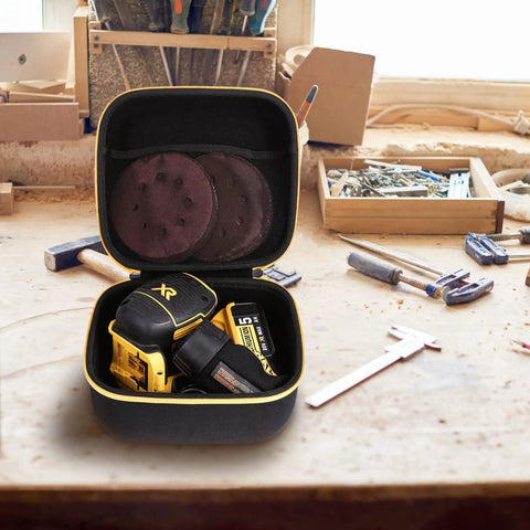 Hard Travel Case For Dewalt 20V Max Orbital Sander DCW210B Case Only in workshop with tools inside, rugged hard shell with yellow zipper.
