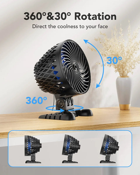 Desktop Mini USB Fan With Stepless Speed Control And Quiet Powerful Airflow Boss Level Cooling showing 360° and 30° rotation