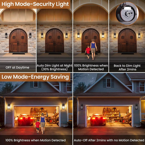 2 Pack Motion Sensor Outdoor Wall Lights Dusk To Dawn Exterior Wall Mount Lanterns Black Waterproof LED Sconces For House Garage Porch And Patio With Auto On Off Dimming And A No Brainer Energy Saving Night Lighting showing different lighting modes.