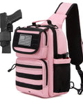 Pink tactical sling crossbody bag with moveable universal holster, 15L capacity, water bottle holder, radio pouch, and elastic slots.