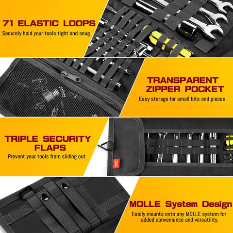 Roll Up Ride Ready Motorcycle Tool Roll Bag with 71 elastic loops and MOLLE system for tools on enduro dirt bikes.