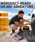 Man using All In One Tire Repair Kit For Cars Trucks Motorcycles And Tractors With 120 Screws And Sealant to fix car tire roadside.