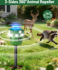 360 Degree Solar Animal Deterrent For Yard And Garden With No Blind Spots, Three Motion Sensors, Waterproof Ultrasonic And Flashing Light Outdoor Device To Keep Deer, Raccoons, And Cats Away in a yard