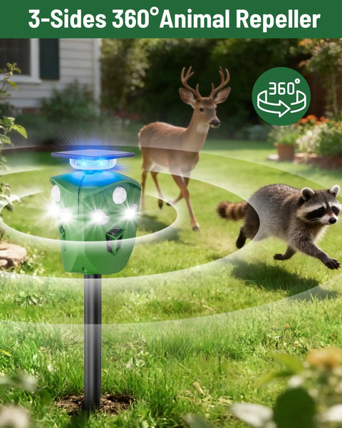 360 Degree Solar Animal Deterrent For Yard And Garden With No Blind Spots, Three Motion Sensors, Waterproof Ultrasonic And Flashing Light Outdoor Device To Keep Deer, Raccoons, And Cats Away in a yard
