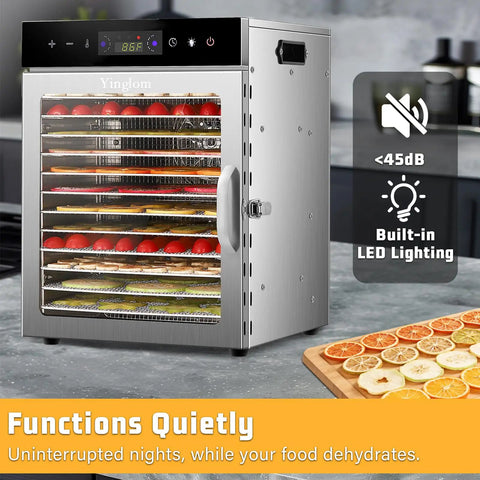 Heavy Duty 12 Tray Electric Food Dehydrator For Slick Batch Prepping Of Jerky Dried Fruit Veggie Chips And Pup Chews With 800 Watt Heating Dual Fan Setup And Reliable Digital Timer Controls, stainless steel, with food inside.