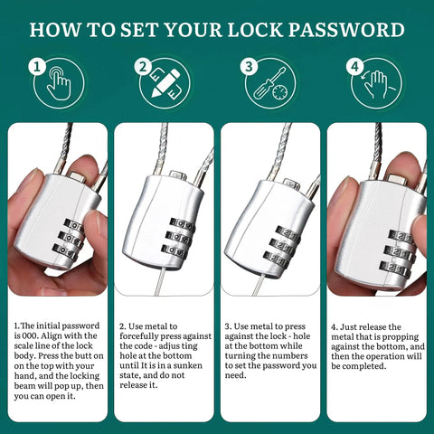 Four-step instruction guide on setting a lock password for Extra Large 240 Gallon Outdoor Deck Box With Locking Lid Waterproof Resin Storage Bench Seating Built To Last For Patio Cushions Garden Tools And Pool Accessories Dark Brown.