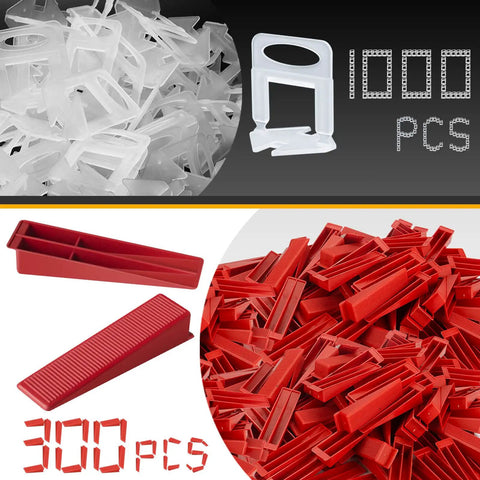Pro Tile Leveling System Kit with 1000 spacer clips and 300 reusable wedges for ceramic tile and stone installations.