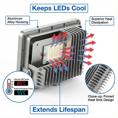 Close-up of Two Pack 50W LED Flood Lights Outdoor IP66 Waterproof Daylight 6500K 14000 Lumens heat sink cooling design