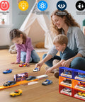 Six Pack Pull Back Race Cars Set With Friction Powered Launching Cars Portable Transforming Track Mini Die Cast Toys for toddlers and parent playing on wooden floor.
