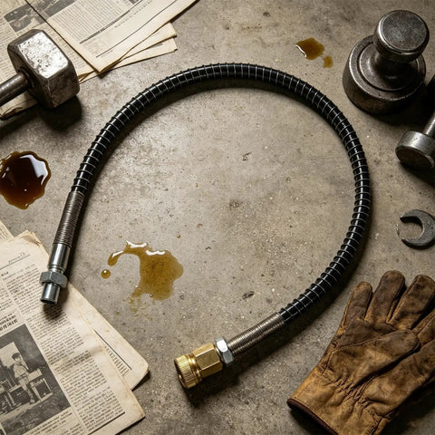 Built Tough Flexible Air Hose For Compressor 20 Inch Anti Knot Pneumatic Tubing with brass fittings on a workshop surface.