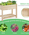 Raised Garden Bed With Legs And Storage Shelf For Backyard Patio Or Balcony Wooden Elevated Planter Box 34 By 18 By 30 Inches Solid Fir Wood Easy Assembly Low Fuss Setup Sturdy And Ready To Grow, showing plants, flowers, vegetables on upper bed and bottom storage shelf