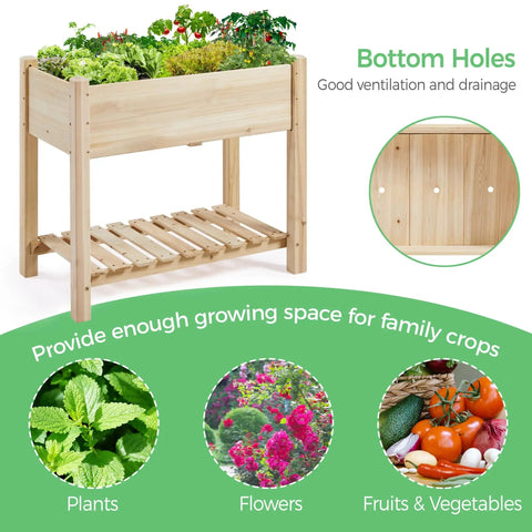 Raised Garden Bed With Legs And Storage Shelf For Backyard Patio Or Balcony Wooden Elevated Planter Box 34 By 18 By 30 Inches Solid Fir Wood Easy Assembly Low Fuss Setup Sturdy And Ready To Grow, showing plants, flowers, vegetables on upper bed and bottom storage shelf