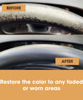 Before and after of leather steering wheel using Total Game Changer Leather Steering Wheel Repair Kit Fixes Tons Of Scratches Scuffs And Tears With An Easy 5 Step Routine To Bring Back That New Car Smell And Feel So You Can Drive With Pride.