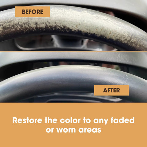 Before and after of leather steering wheel using Total Game Changer Leather Steering Wheel Repair Kit Fixes Tons Of Scratches Scuffs And Tears With An Easy 5 Step Routine To Bring Back That New Car Smell And Feel So You Can Drive With Pride.