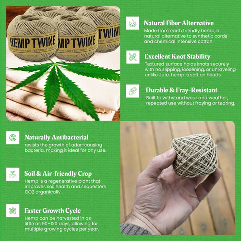 Do It All Hemp Twine 1mm 430 Ft 20 Lb Strength 12 Pack For Macrame, close-up of twine ball in hand with product benefits text