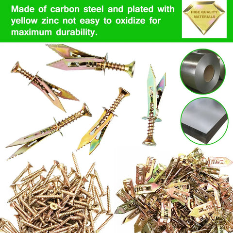Self Drilling Drywall Anchors Kit With Zinc Screws, 200 Piece Set, Includes 100 Steel Anchors 0.47x1.18 Inch And 100 Zinc Screws