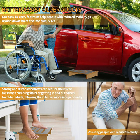 Sturdy Wooden Step Stool For Adults With Upgraded No Slip Rubber, 450 Lb Capacity, helping elderly person enter car.