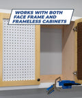 Cabinet Door Mounting Jig For Frameless And Face Frame Cabinets attached to a wooden cabinet showing precise hinge alignment