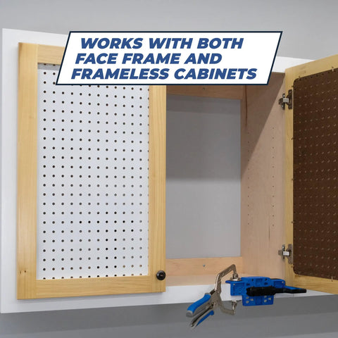 Cabinet Door Mounting Jig For Frameless And Face Frame Cabinets attached to a wooden cabinet showing precise hinge alignment