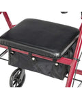 Top Notch Aluminum Folding Rollator Walker With Super Comfy Padded Seat Removable Back Support And Roomy Storage Sling close-up of padded seat and storage sling