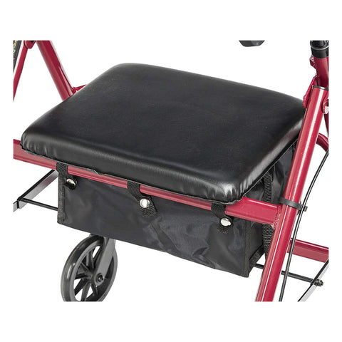 Top Notch Aluminum Folding Rollator Walker With Super Comfy Padded Seat Removable Back Support And Roomy Storage Sling close-up of padded seat and storage sling