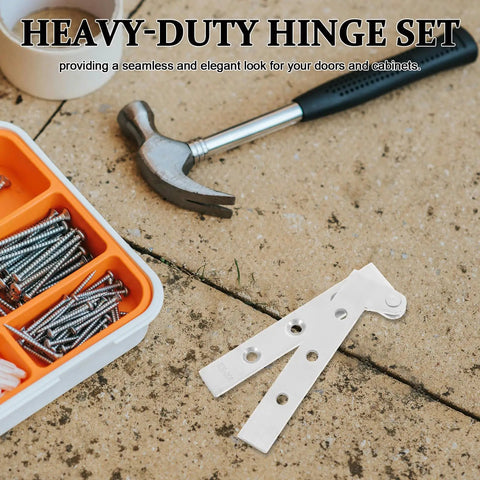 4Pcs Stainless Steel Hidden Door Pivot Hinges with tool kit and hammer on stone surface