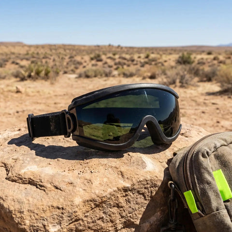 Heavy Duty Welding Goggles With Wide Dark Lens Shade And Adjustable Strap Multipurpose Safety Eyewear For Brazing Torch Cutting, resting on a rock in desert.