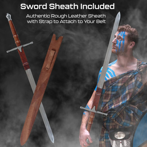 Braveheart William Wallace Replica Sword Double Edged Medieval Longsword With Stainless Steel Blade Metal Hilt And Leather Sheath
